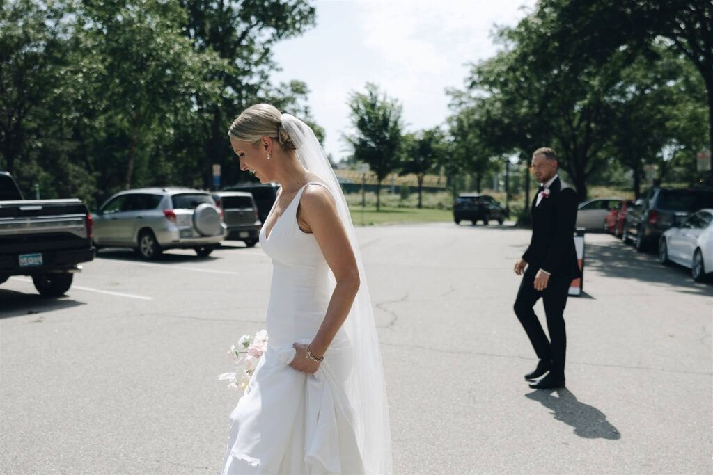 Bride and groom cross the street during their microwedding couples portraits