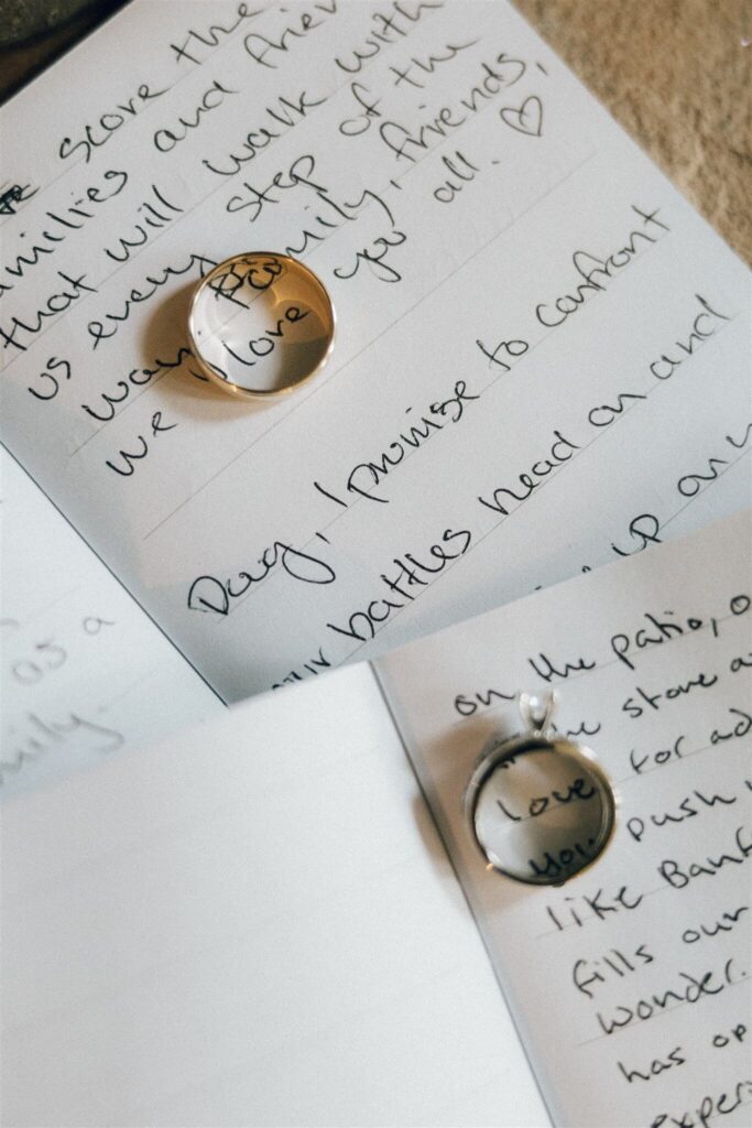 Wedding rings lay on wedding vows