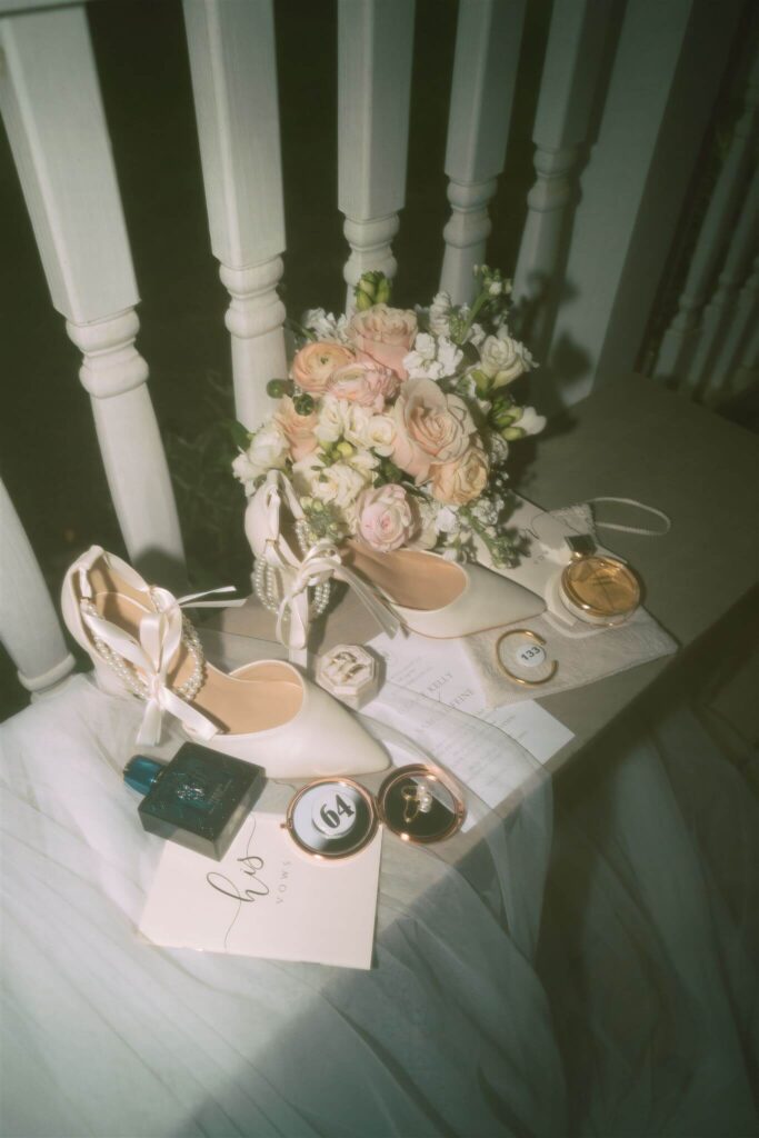 Moody, vintage wedding day details including bride's heels and bouquet, family heirlooms, and groom's cologne