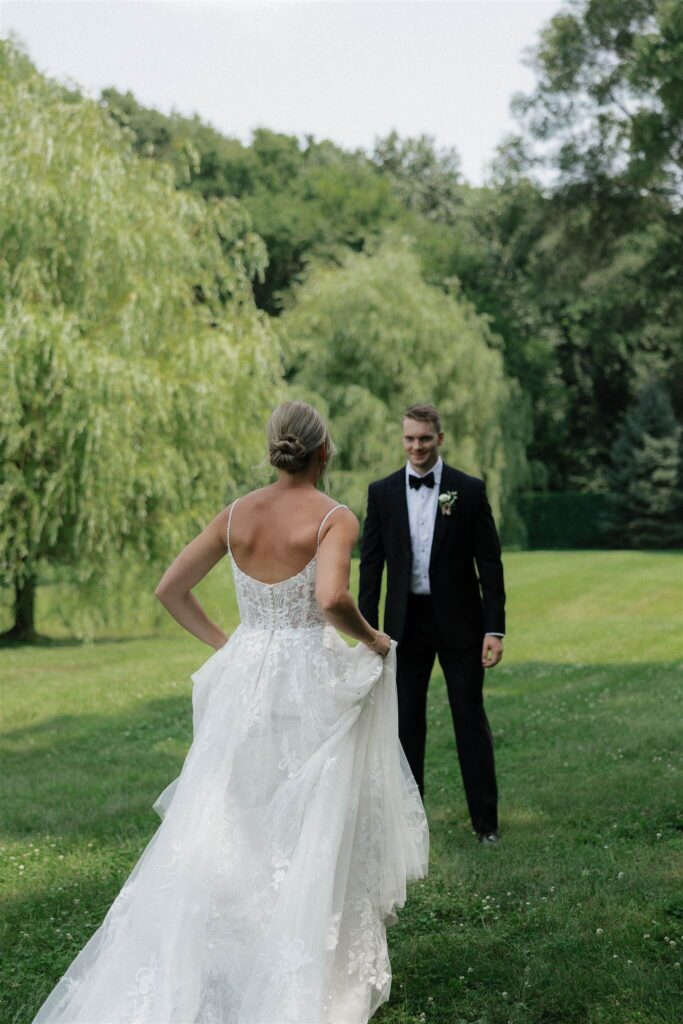 Bride runs towards her groom 