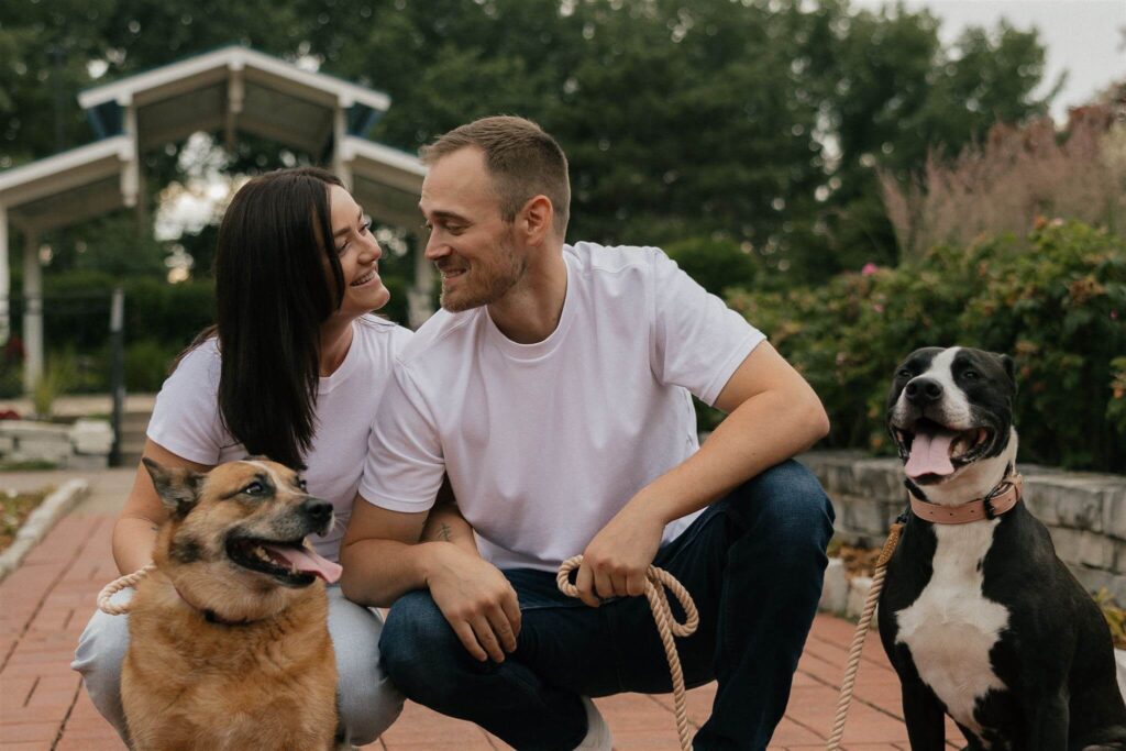 Engaged couple poses with their two dogs in park engagement photo shoot