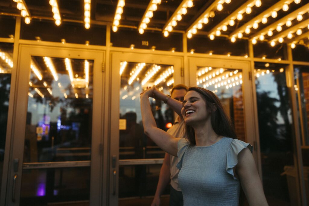 Engaged couple practices their first dance in downtown Minneapolis