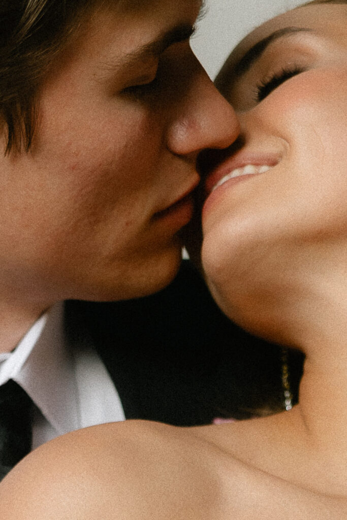 Bride and groom share an almost-kiss