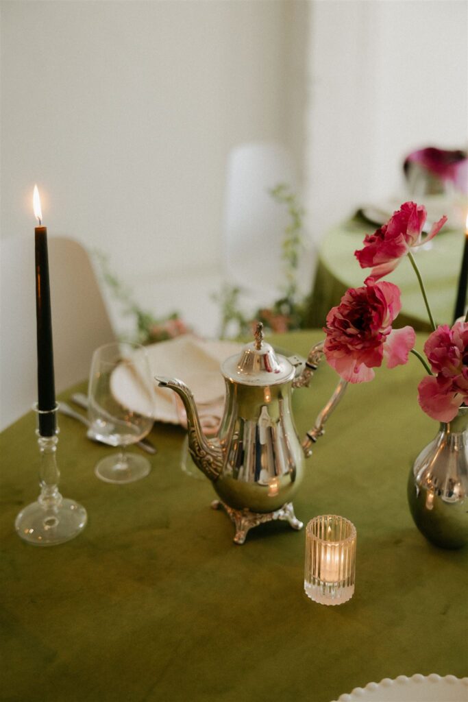 Silver teapot adds French elegance to pink and green microwedding tablescape