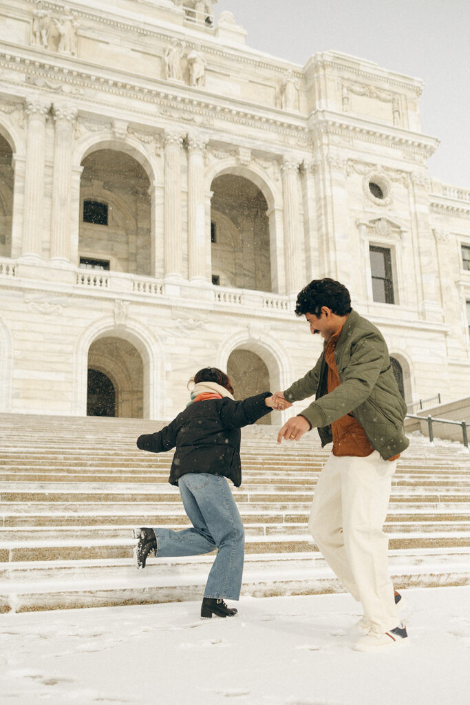 Wide shot dancing in front of Capitol, golden and dramatic