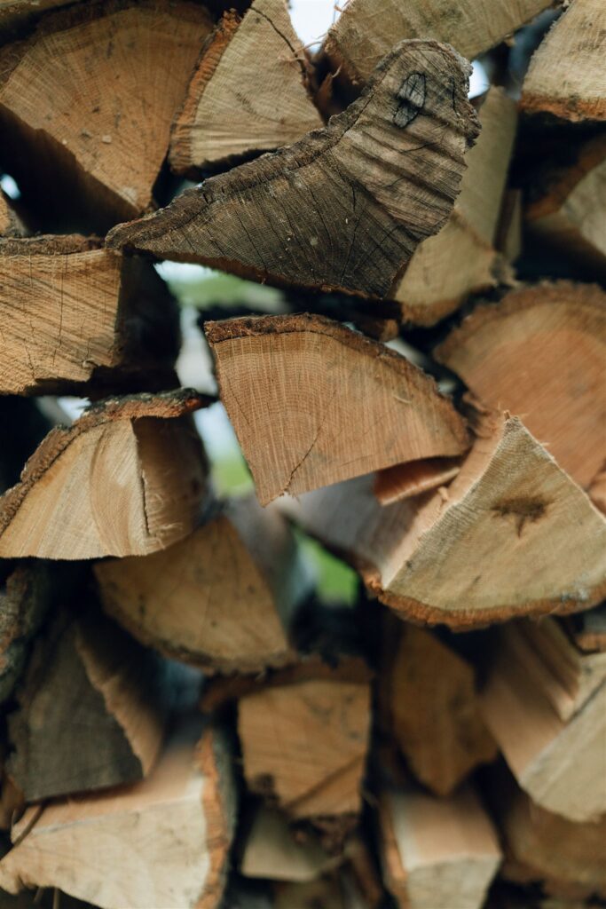 Firewood stacked outside Catalyst at Nature Link captured in documentary style wedding photos.
