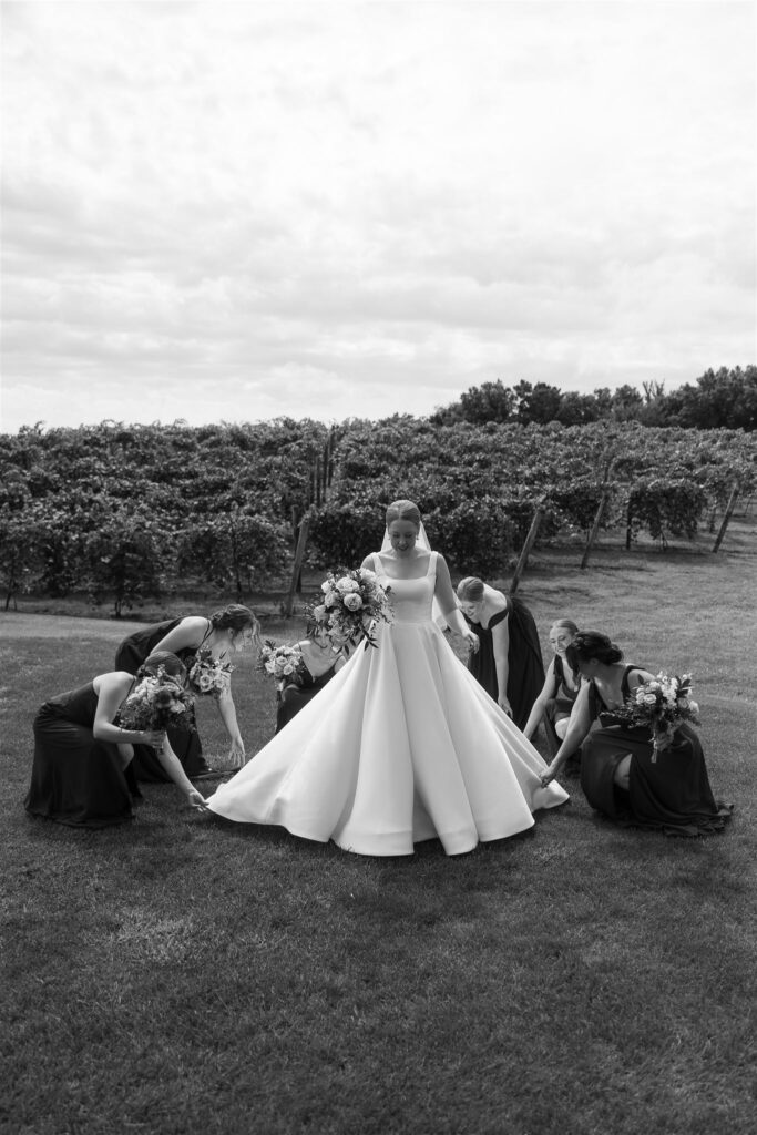Black and white bridal party portrait in the vineyard at 7 Vines Vineyard and Winery, with bridesmaids adjusting the bride’s full skirt among the grapevines at one of the best wedding venues in Minnesota.