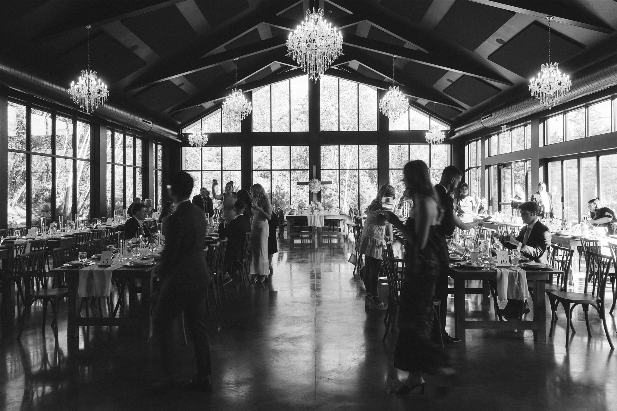 Guests moving through the reception space beneath chandeliers at Woods and Co Weddings and Events, highlighting the scale and atmosphere of this Minnesota wedding venue.