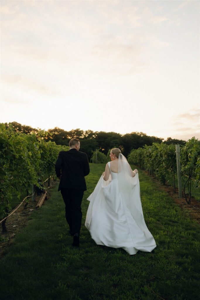 Bride and groom walking between lush green vineyard rows at sunset during a summer wedding at 7 Vines Vineyard and Winery.