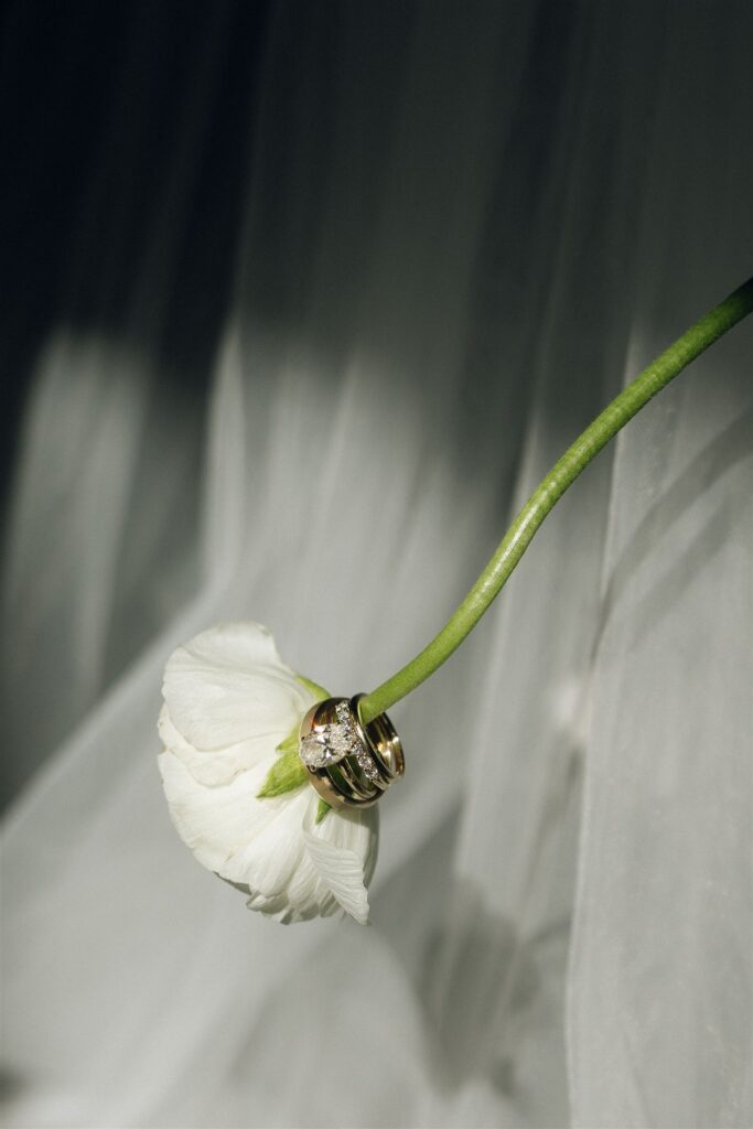 Close-up of engagement ring and wedding band looped over the stem of a white flower, styled against soft fabric with directional natural light.